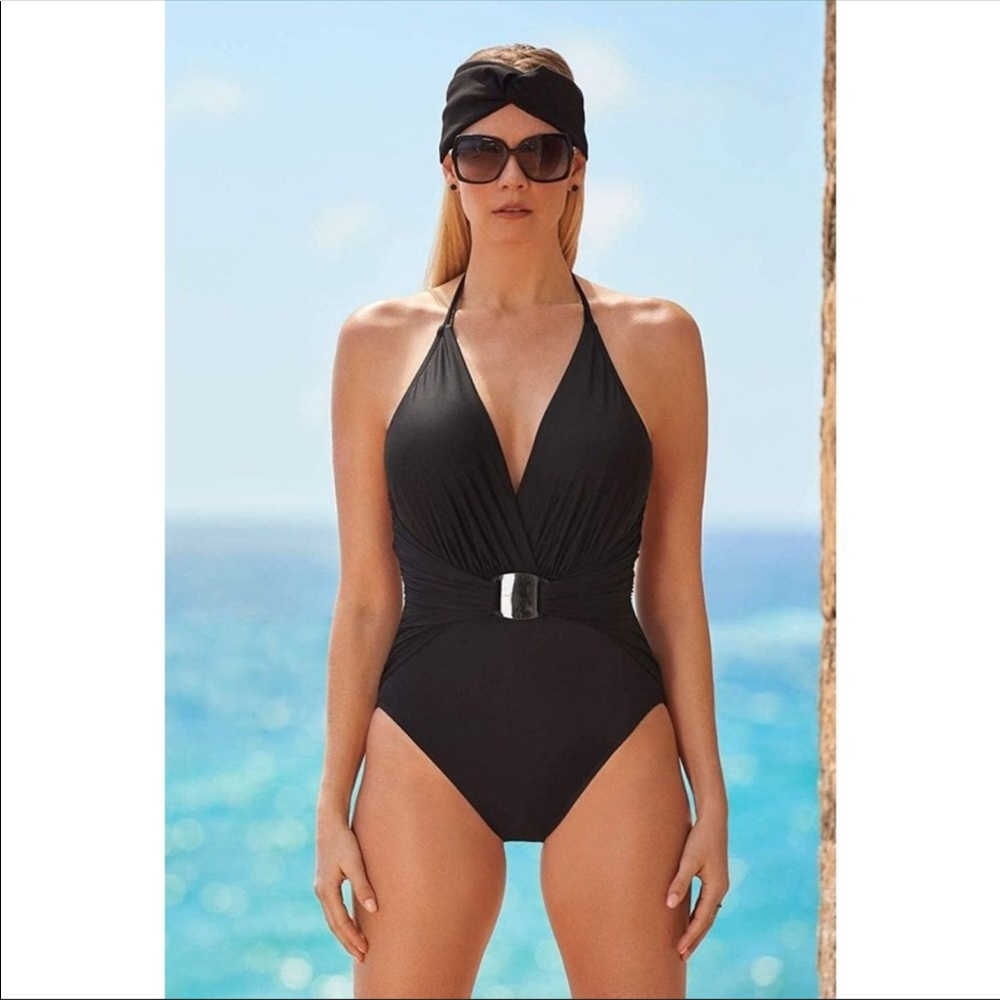 NEW Magicsuit Solid Angelina Halter One Piece Swimsuit In Black Size 14